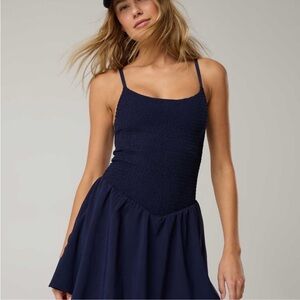 Aerie Real Me Smocked Flowy Dress Navy Blue Spaghetti Strap